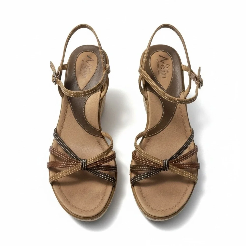 Clarks Artisan Beige Leather Espadrille Wedge Sandals Womens 10 Strappy Casual